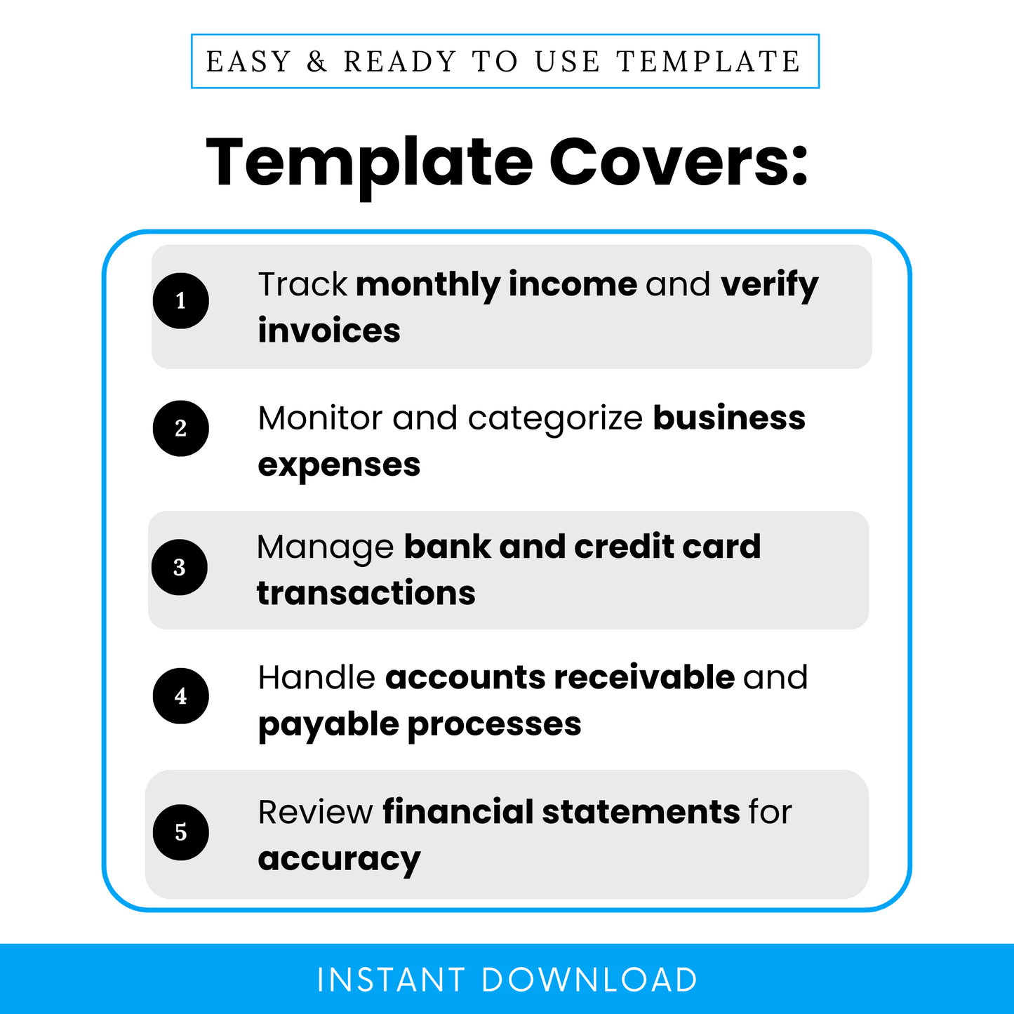 Monthly bookkeeping checklist features infographic showing income tracking, expense categorization, bank transaction management, accounts receivable and payable tracking, and financial statement review for small business use