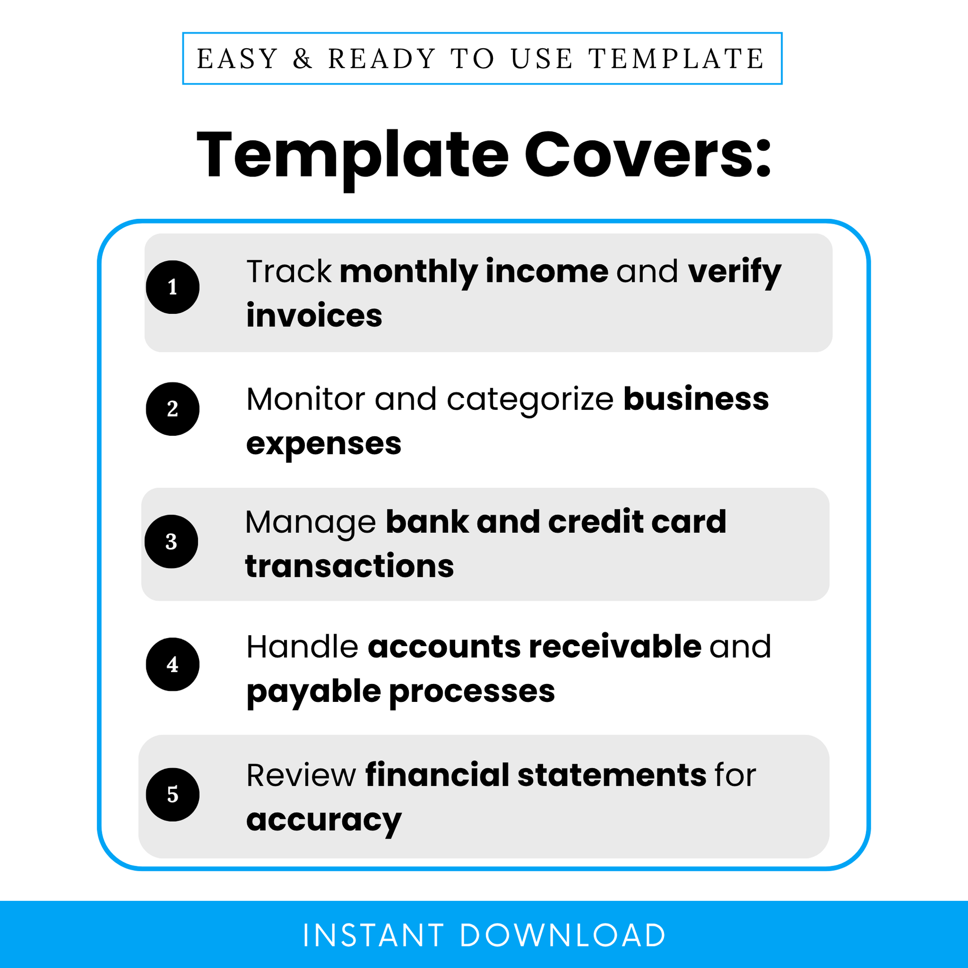 Monthly bookkeeping checklist features infographic showing income tracking, expense categorization, bank transaction management, accounts receivable and payable tracking, and financial statement review for small business use