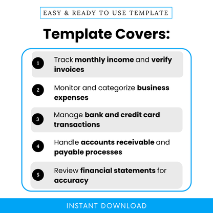 Monthly bookkeeping checklist features infographic showing income tracking, expense categorization, bank transaction management, accounts receivable and payable tracking, and financial statement review for small business use
