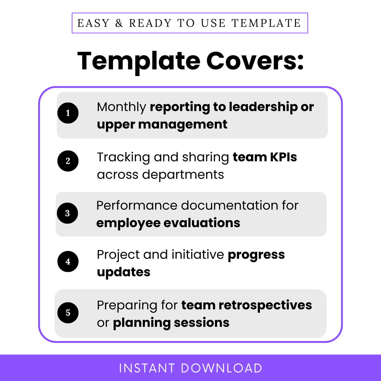 Monthly performance template use cases including leadership reporting, KPI tracking, employee evaluation documentation, project progress updates, team planning and retrospective meetings