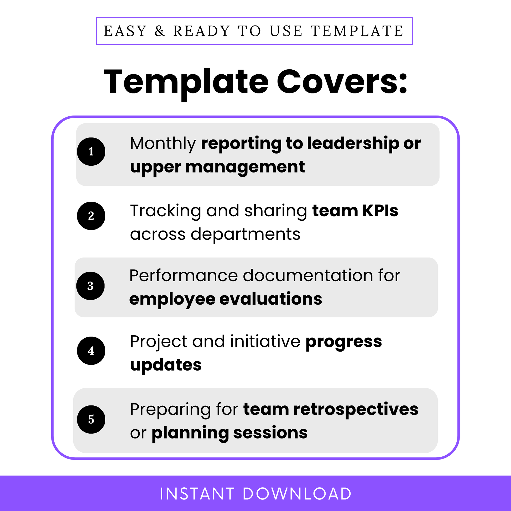 Monthly performance template use cases including leadership reporting, KPI tracking, employee evaluation documentation, project progress updates, team planning and retrospective meetings