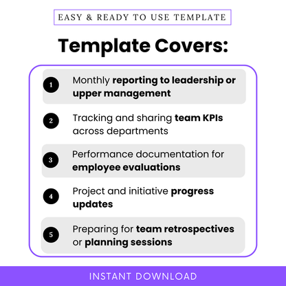 Monthly performance template use cases including leadership reporting, KPI tracking, employee evaluation documentation, project progress updates, team planning and retrospective meetings