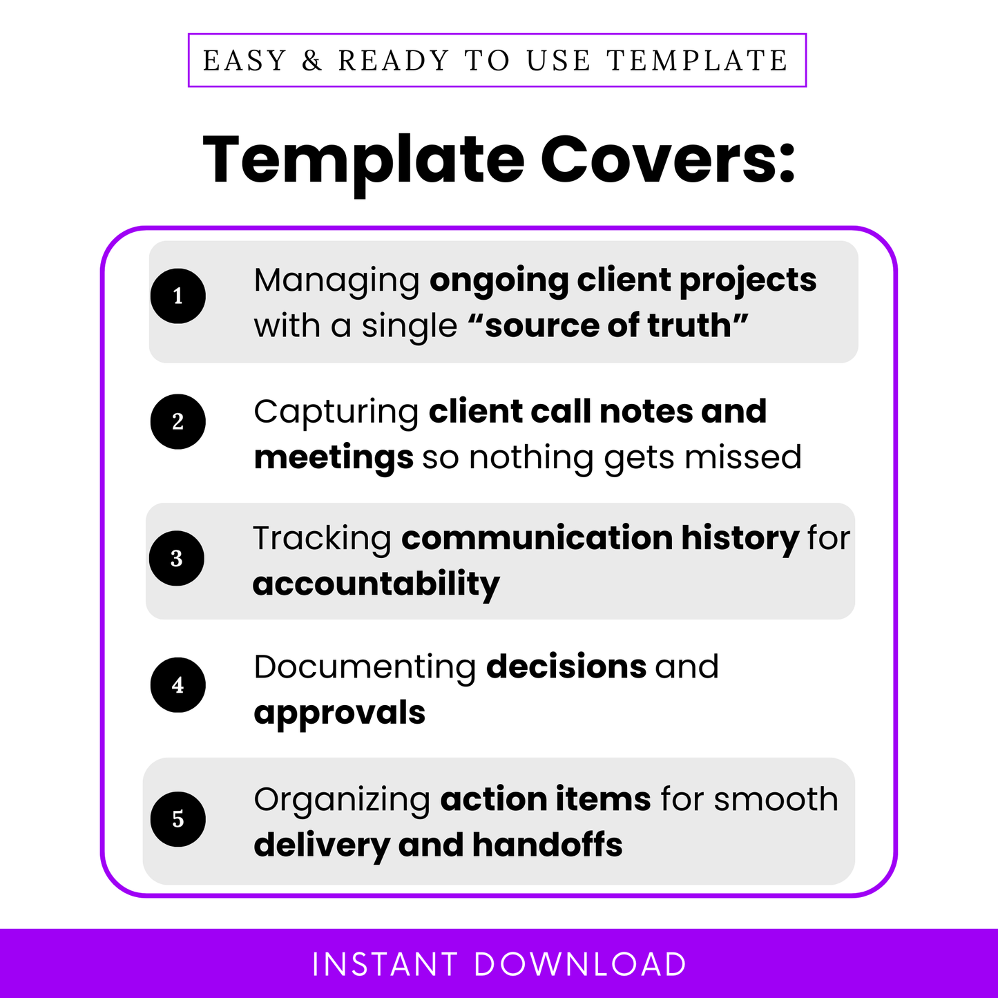 Client case notes template for managing ongoing projects, capturing meeting notes, tracking communication history, documenting approvals, and organizing action items