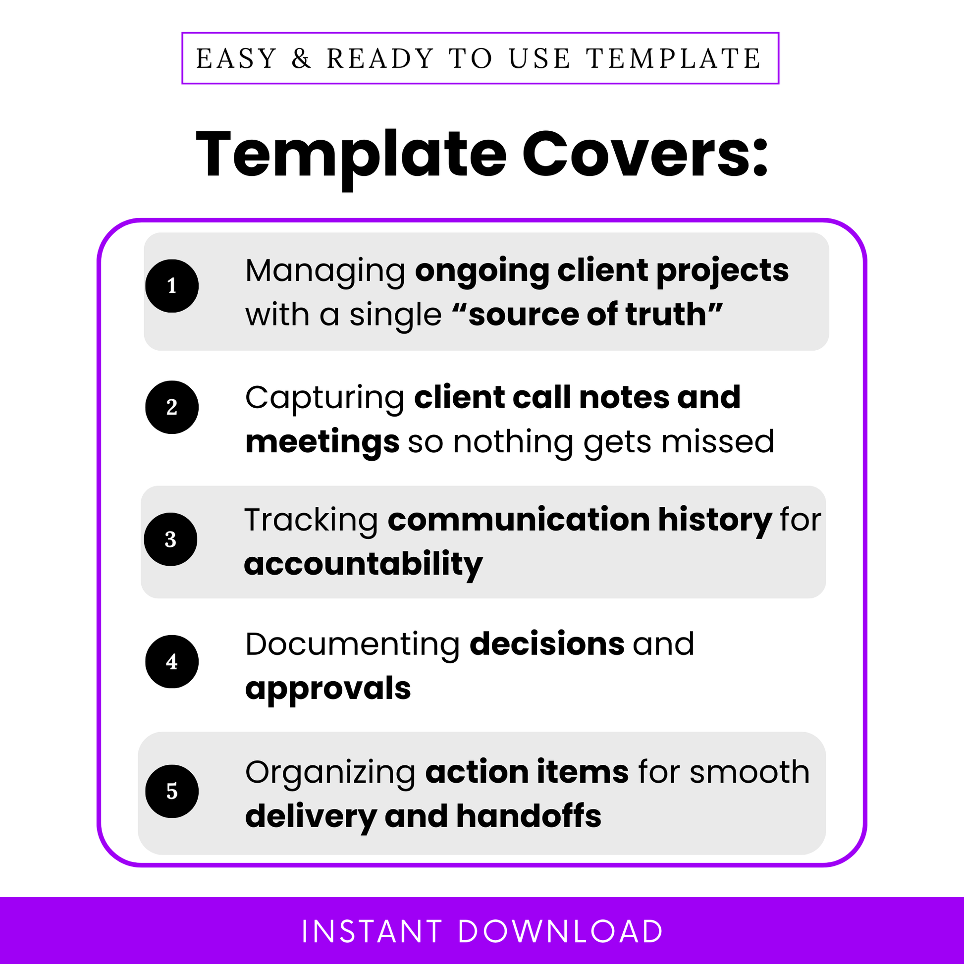 Client case notes template for managing ongoing projects, capturing meeting notes, tracking communication history, documenting approvals, and organizing action items