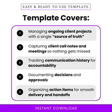 Client case notes template for managing ongoing projects, capturing meeting notes, tracking communication history, documenting approvals, and organizing action items