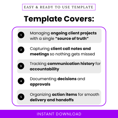 Client case notes template for managing ongoing projects, capturing meeting notes, tracking communication history, documenting approvals, and organizing action items