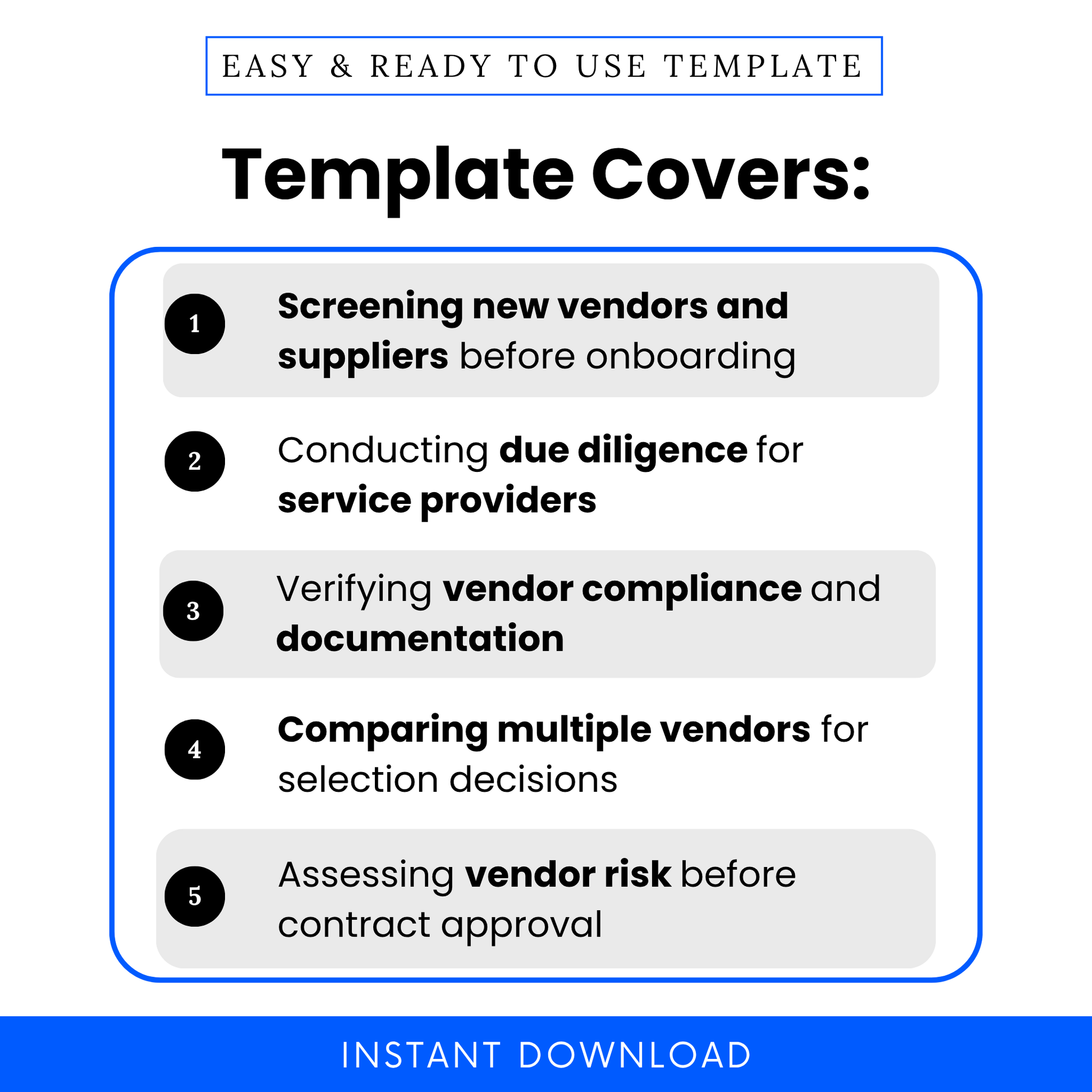 Simple Vendor Screening Checklist Template highlighting key use cases like screening new vendors, conducting due diligence, and verifying compliance. This editable business template helps teams manage supplier evaluation, risk assessment, and vendor selection efficiently.