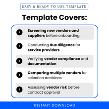 Simple Vendor Screening Checklist Template highlighting key use cases like screening new vendors, conducting due diligence, and verifying compliance. This editable business template helps teams manage supplier evaluation, risk assessment, and vendor selection efficiently.