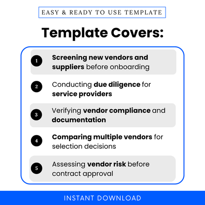 Simple Vendor Screening Checklist Template highlighting key use cases like screening new vendors, conducting due diligence, and verifying compliance. This editable business template helps teams manage supplier evaluation, risk assessment, and vendor selection efficiently.