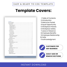 Clear and organized table of contents page showing all sections included in the nonprofit employee handbook, ideal for guiding staff through policies and expectations