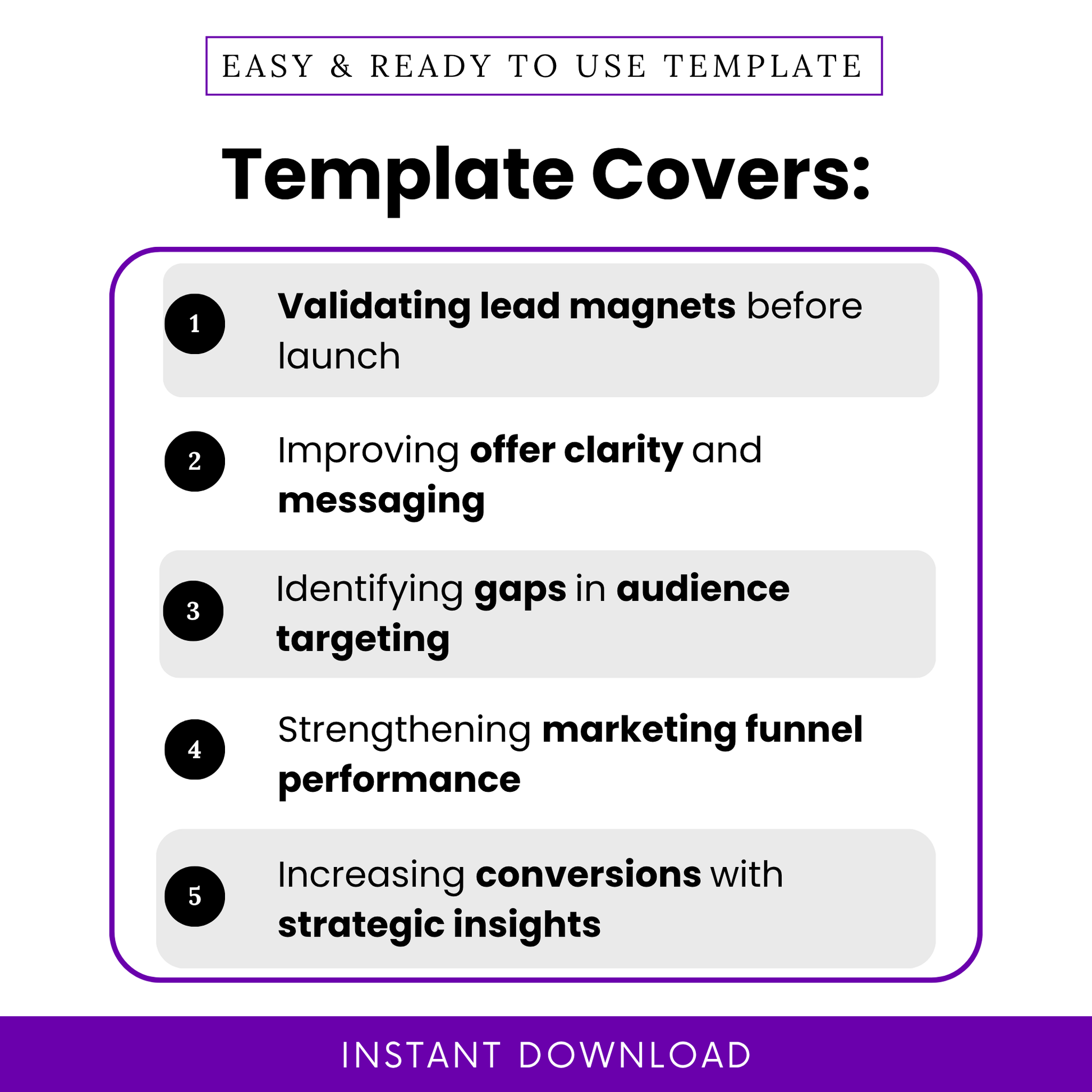 Simple Lead Offer Validation Checklist Template highlighting key use cases like validating lead magnets, improving offer clarity, and increasing conversions. This Lead Offer Validation Checklist Template PDF and Word version helps business owners and marketers refine messaging, identify audience gaps, and optimize marketing funnels.