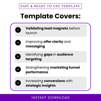 Simple Lead Offer Validation Checklist Template highlighting key use cases like validating lead magnets, improving offer clarity, and increasing conversions. This Lead Offer Validation Checklist Template PDF and Word version helps business owners and marketers refine messaging, identify audience gaps, and optimize marketing funnels.