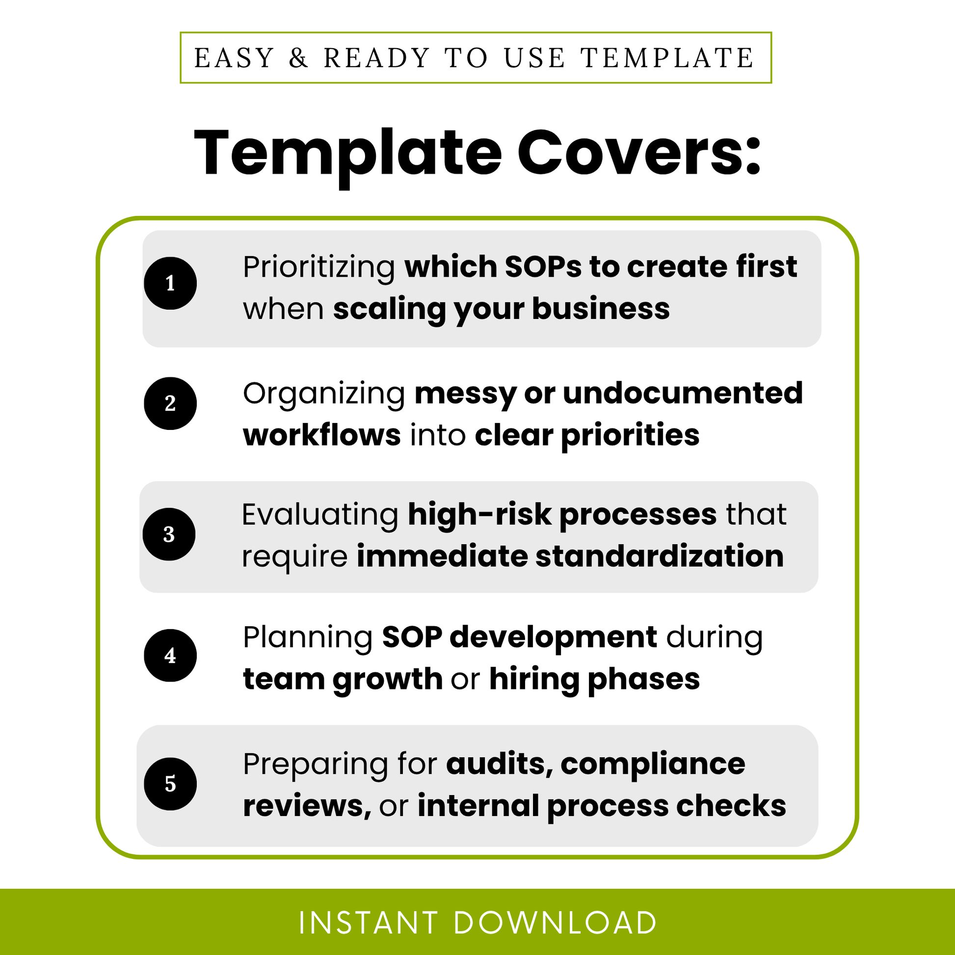 SOP template use cases infographic showing prioritizing workflows, organizing undocumented processes, evaluating high-risk operations, SOP planning for scaling business, compliance and audit preparation