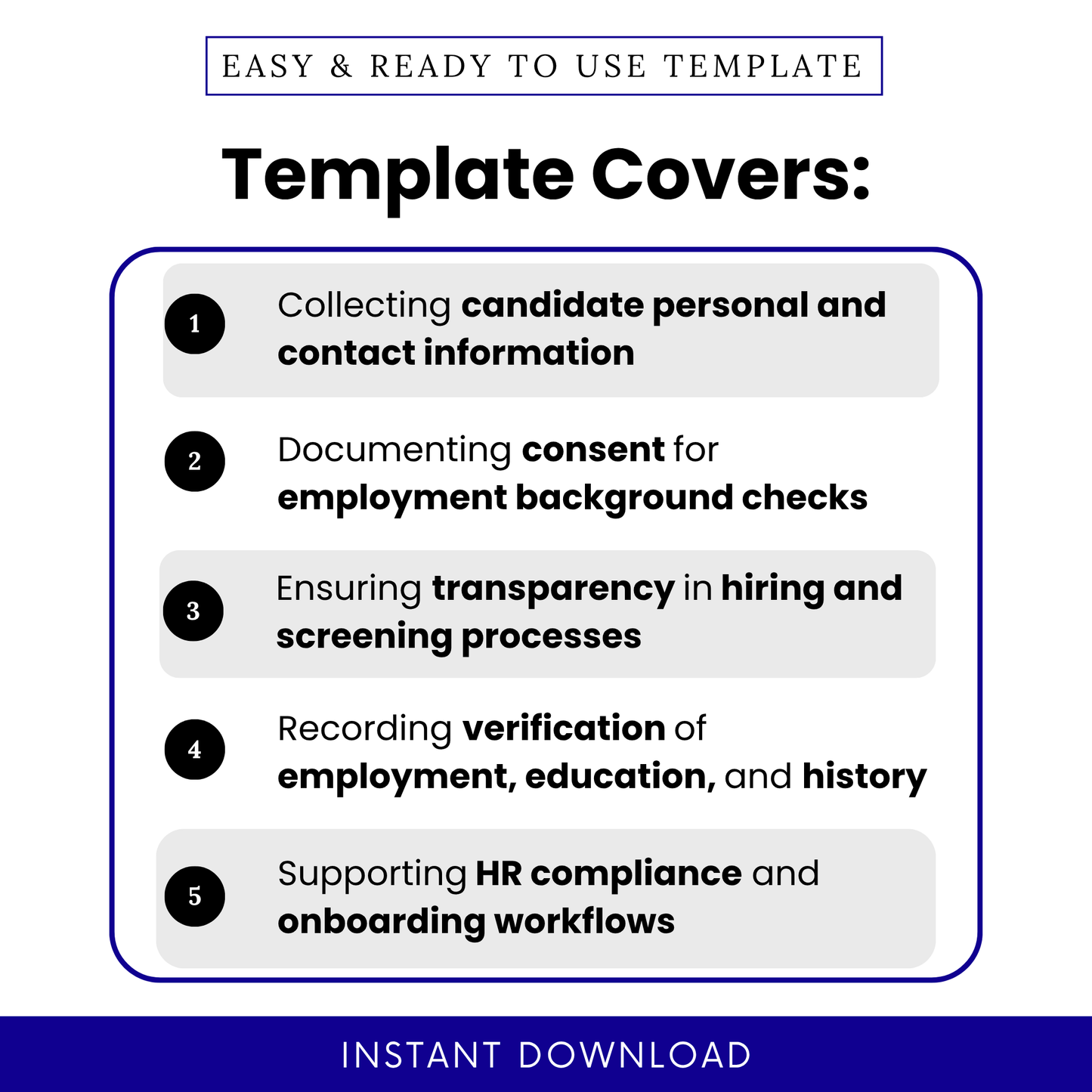Simple Background Check Authorization Form template highlighting key use cases like collecting candidate information and documenting consent for employment checks. This editable Background Check Authorization Form PDF is perfect for HR professionals managing hiring workflows and ensuring compliance.