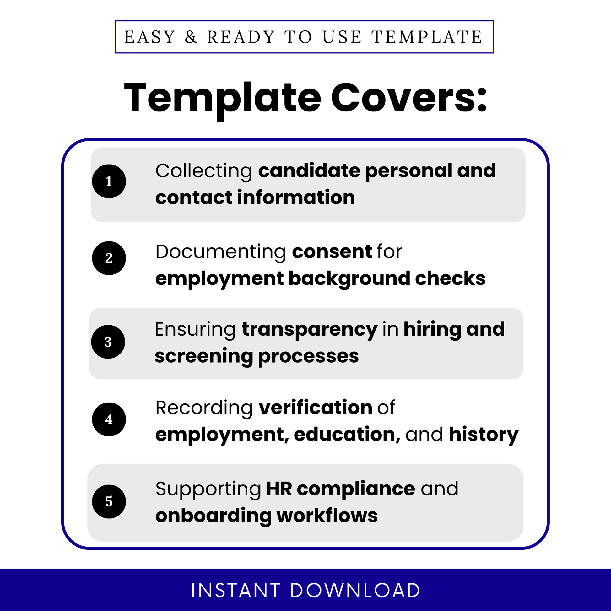 Simple Background Check Authorization Form template highlighting key use cases like collecting candidate information and documenting consent for employment checks. This editable Background Check Authorization Form PDF is perfect for HR professionals managing hiring workflows and ensuring compliance.