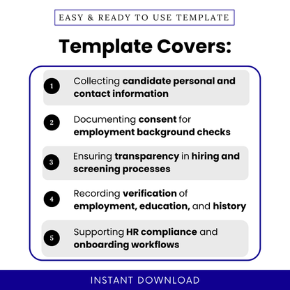 Simple Background Check Authorization Form template highlighting key use cases like collecting candidate information and documenting consent for employment checks. This editable Background Check Authorization Form PDF is perfect for HR professionals managing hiring workflows and ensuring compliance.