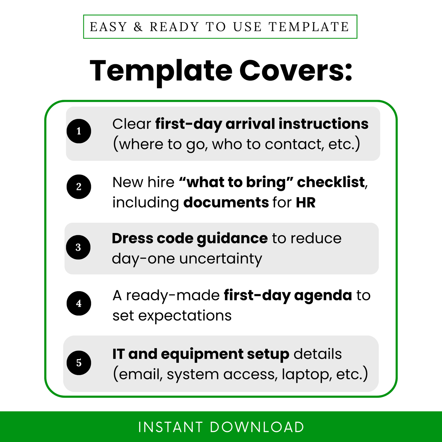 Employee onboarding template features including first day arrival instructions, new hire checklist, dress code guidance, agenda planning, and IT setup details