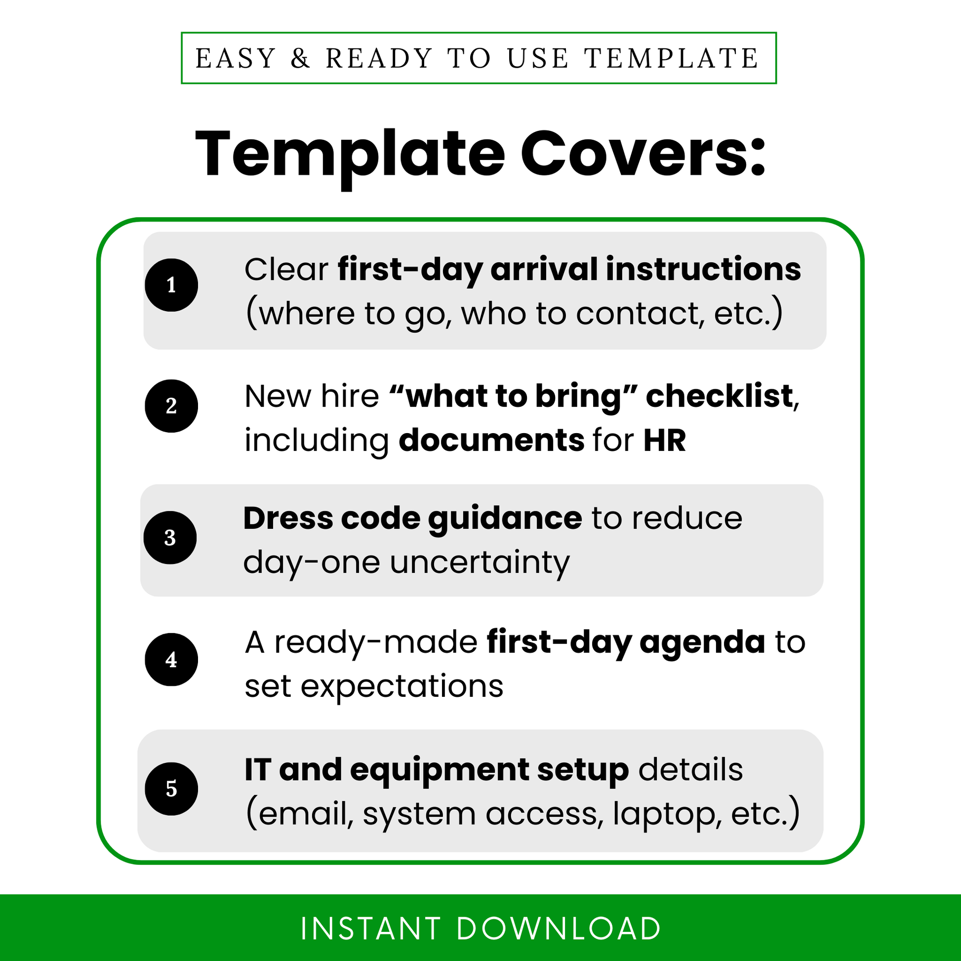 Employee onboarding template features including first day arrival instructions, new hire checklist, dress code guidance, agenda planning, and IT setup details