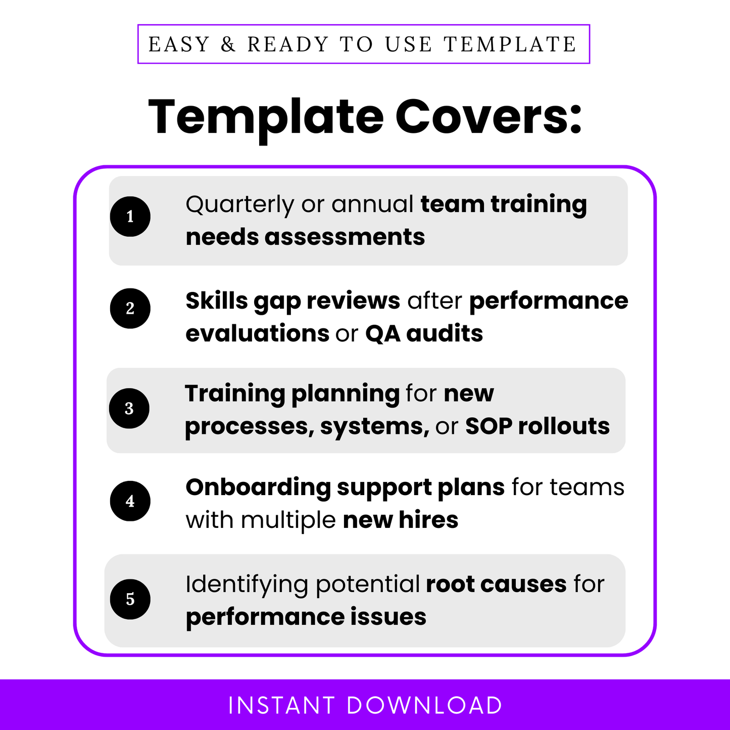 Department training assessment template use cases including skills gap analysis, onboarding plans, training planning, performance review support, and root cause identification