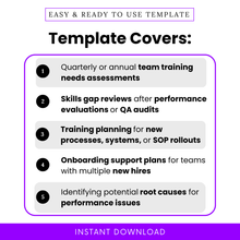 Department training assessment template use cases including skills gap analysis, onboarding plans, training planning, performance review support, and root cause identification