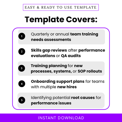 Department training assessment template use cases including skills gap analysis, onboarding plans, training planning, performance review support, and root cause identification