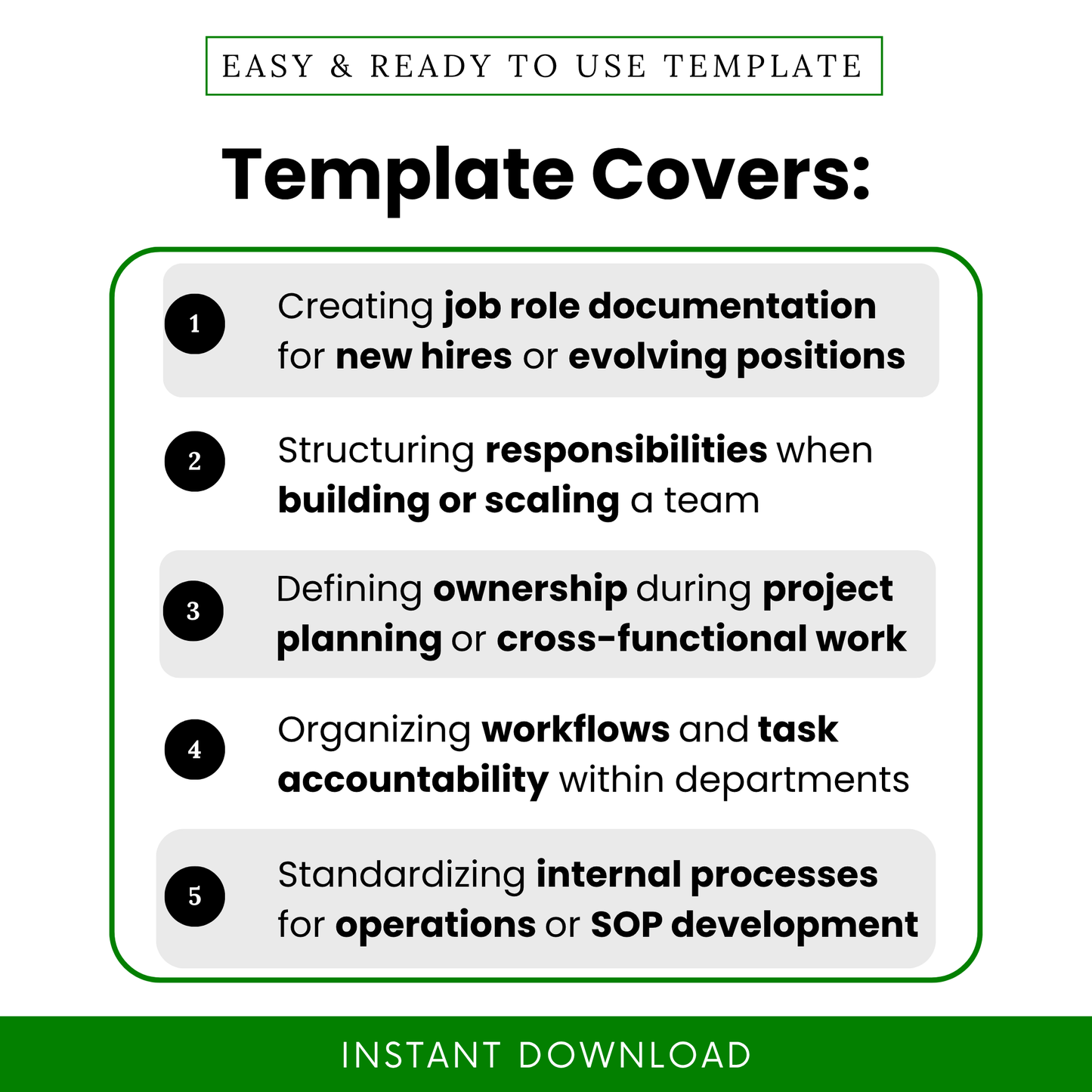 Roles and responsibilities template showing use cases like onboarding new hires, defining ownership, structuring team responsibilities, and improving workflow accountability