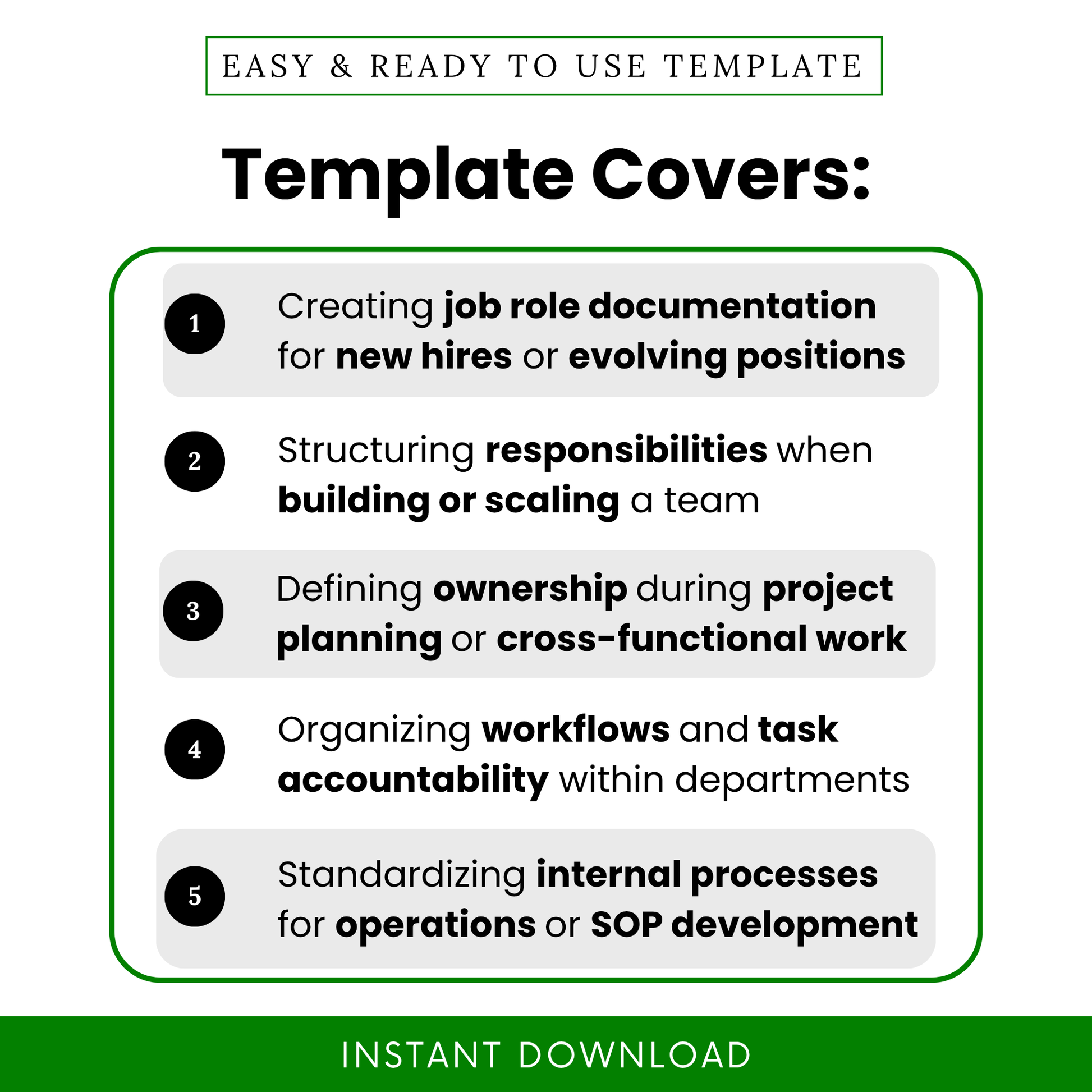 Roles and responsibilities template showing use cases like onboarding new hires, defining ownership, structuring team responsibilities, and improving workflow accountability