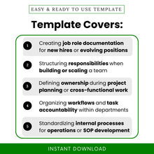 Roles and responsibilities template showing use cases like onboarding new hires, defining ownership, structuring team responsibilities, and improving workflow accountability