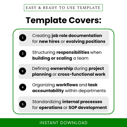 Roles and responsibilities template showing use cases like onboarding new hires, defining ownership, structuring team responsibilities, and improving workflow accountability