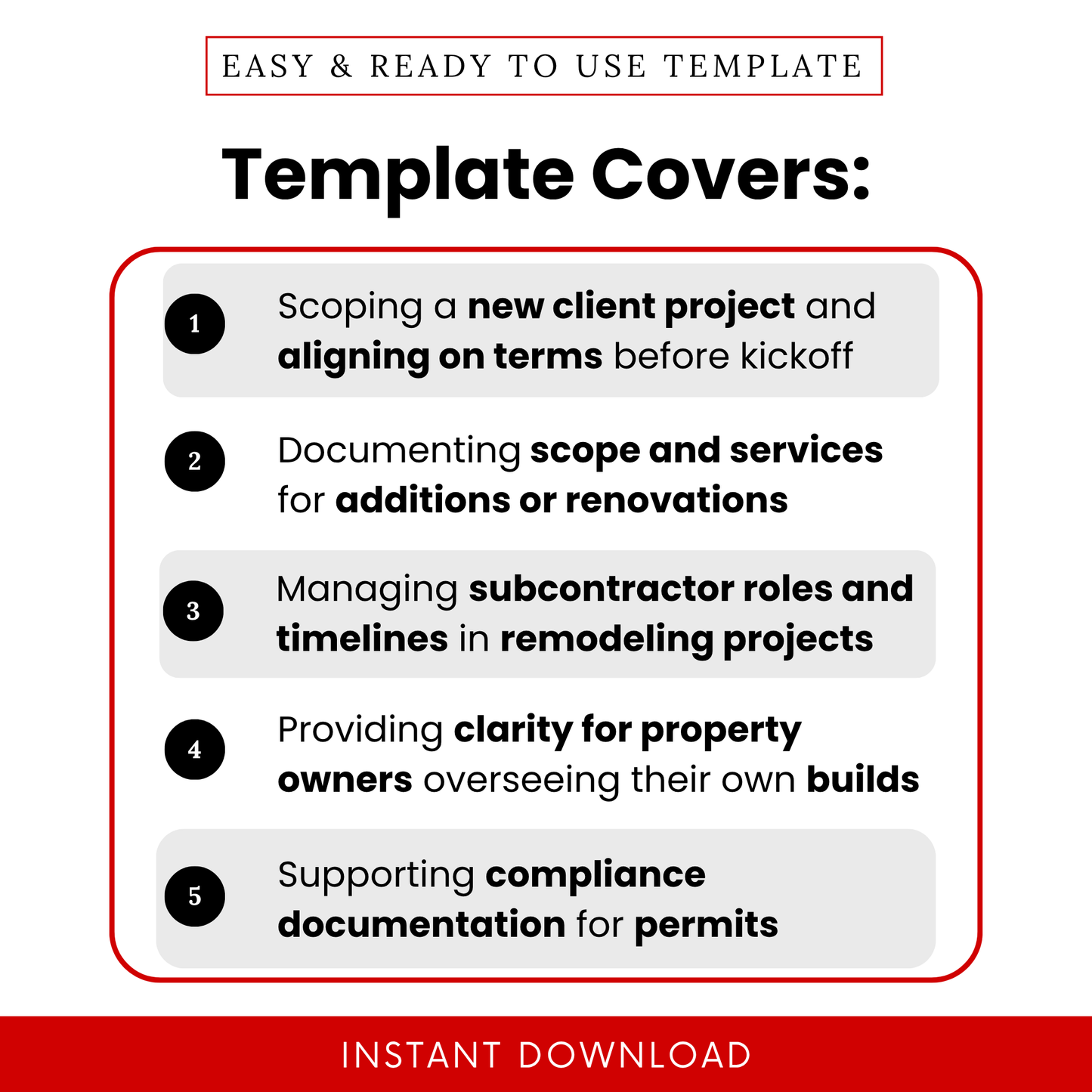 Simple Scope of Work Template highlighting key use cases like new client projects, renovations, subcontractor coordination, and permit documentation. This editable Scope of Work Template Word and PDF helps professionals clearly define services, timelines, and expectations across construction and remodeling projects.