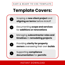 Simple Scope of Work Template highlighting key use cases like new client projects, renovations, subcontractor coordination, and permit documentation. This editable Scope of Work Template Word and PDF helps professionals clearly define services, timelines, and expectations across construction and remodeling projects.