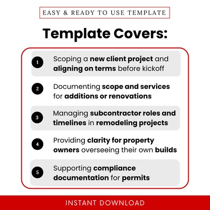 Simple Scope of Work Template highlighting key use cases like new client projects, renovations, subcontractor coordination, and permit documentation. This editable Scope of Work Template Word and PDF helps professionals clearly define services, timelines, and expectations across construction and remodeling projects.
