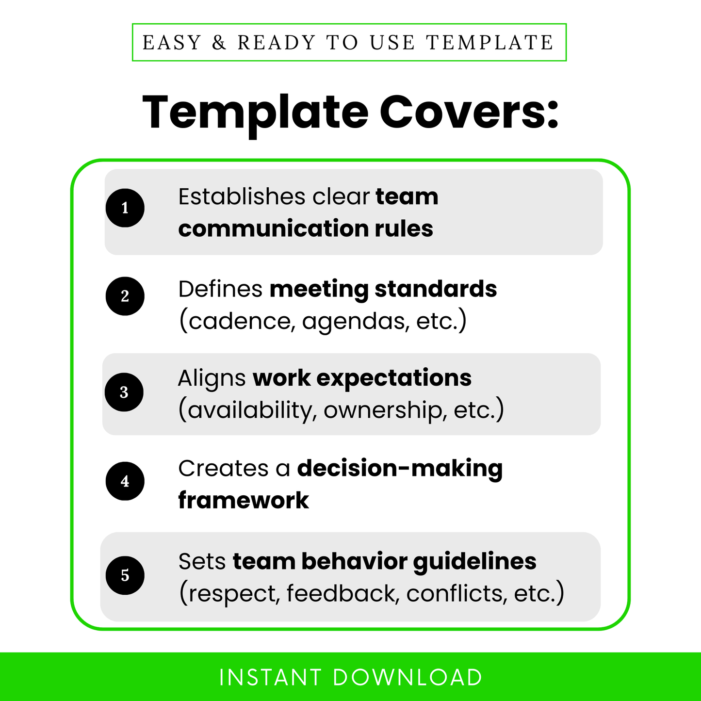 Team norms template benefits list showing communication rules, meeting standards, work expectations, decision-making framework, and team behavior guidelines, clean modern layout