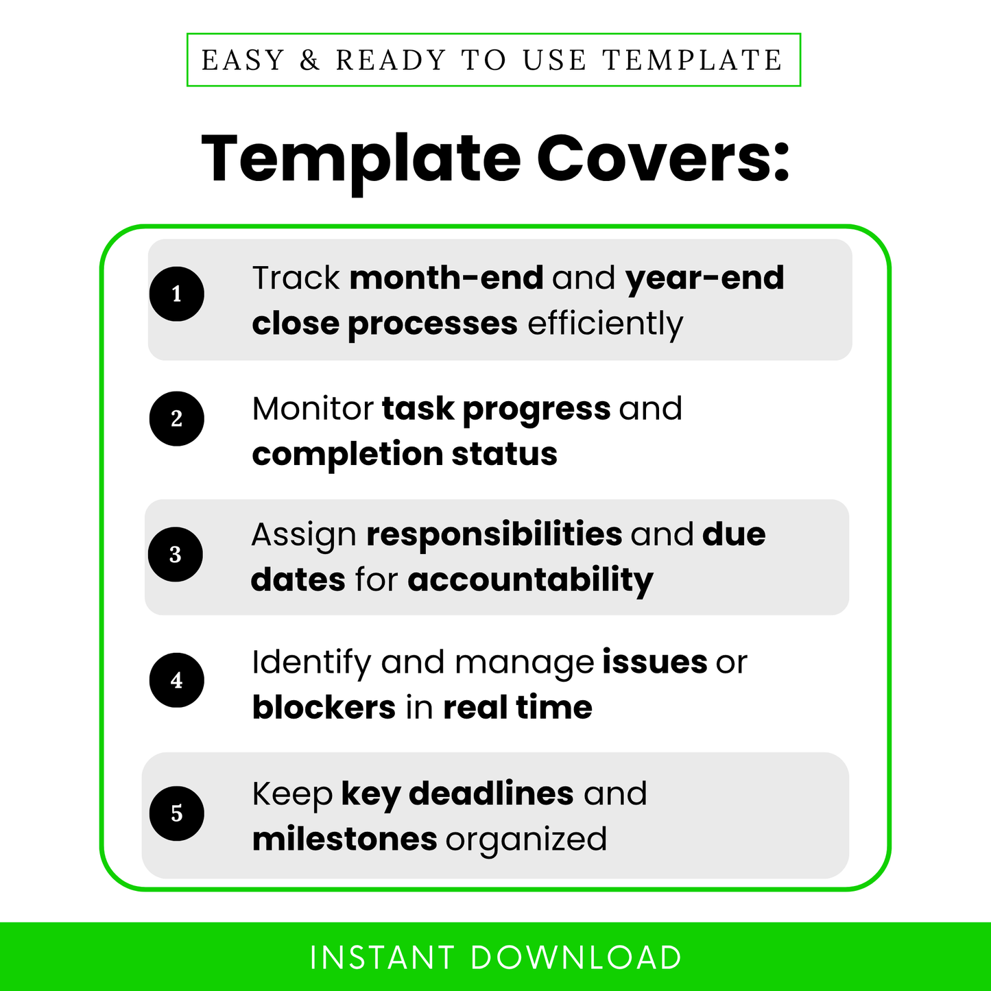 Accounting close tracker template features including task tracking, deadline management, issue tracking, bookkeeping workflow organizer for month end and year end close