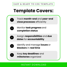 Accounting close tracker template features including task tracking, deadline management, issue tracking, bookkeeping workflow organizer for month end and year end close
