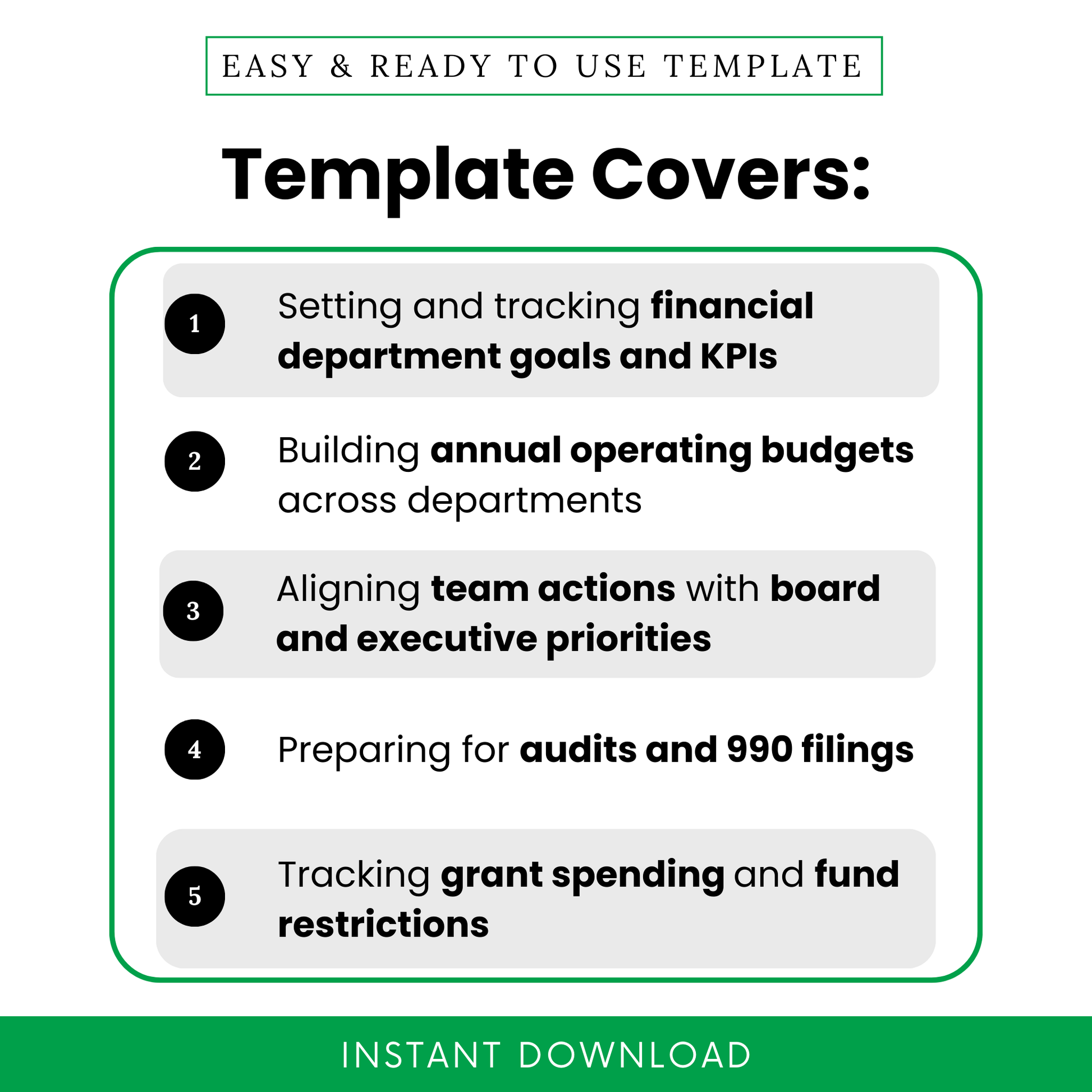 Nonprofit financial planning template showcasing features like KPI tracking, annual budgeting, audit preparation, grant tracking, and executive alignment for organizations
