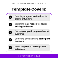 Nonprofit evaluation plan template features list showing program evaluation planning, logic model design, impact tracking, participant feedback analysis, and measuring short and long term outcomes for nonprofits