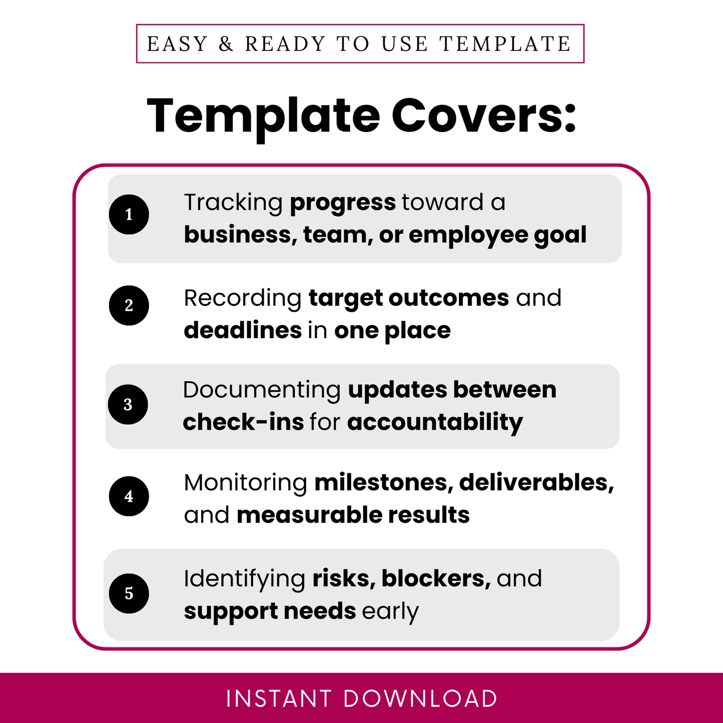 Goal tracking template features including progress tracking, target outcomes, deadlines, accountability check-ins, milestone monitoring, and risk identification for teams or employees