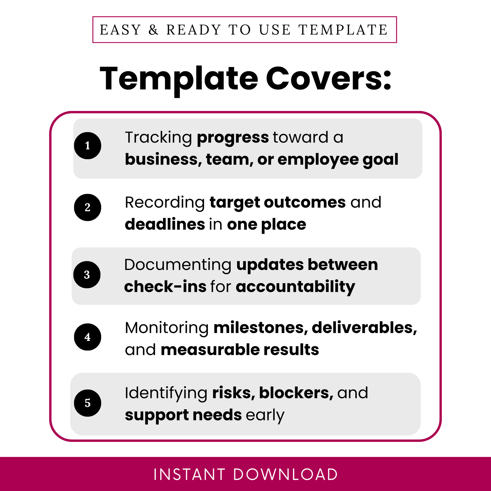 Goal tracking template features including progress tracking, target outcomes, deadlines, accountability check-ins, milestone monitoring, and risk identification for teams or employees