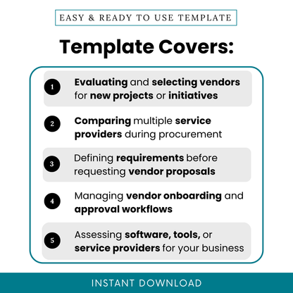 Simple Vendor Needs Assessment Template highlighting real-world use cases like vendor selection, procurement comparison, and onboarding workflows. This Vendor Needs Assessment Template PDF helps small businesses, managers, and teams define requirements and evaluate service providers efficiently.