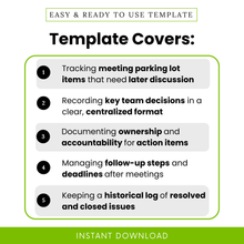 Business template features graphic highlighting meeting parking lot tracking, decision logging, accountability tracking, follow-up management, and historical issue tracking for teams