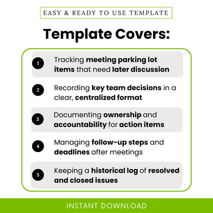 Business template features graphic highlighting meeting parking lot tracking, decision logging, accountability tracking, follow-up management, and historical issue tracking for teams