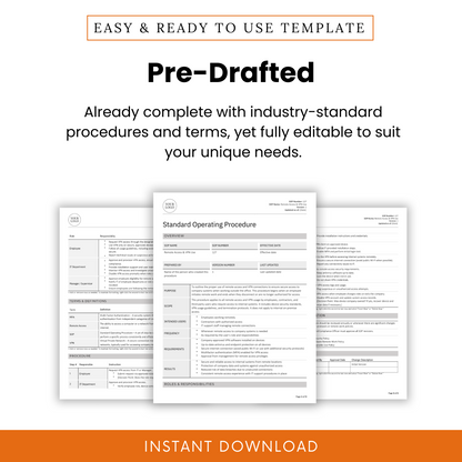 Pre-drafted Remote Access & VPN Use SOP Template – ready-to-use standard operating procedure document with fully editable industry-standard content. Includes detailed sections such as roles and responsibilities, terms and definitions, procedure steps, compliance, and documentation. Ideal for IT managers, compliance officers, and businesses that need a structured and secure process. Available as an instant digital download in Word and PDF formats.