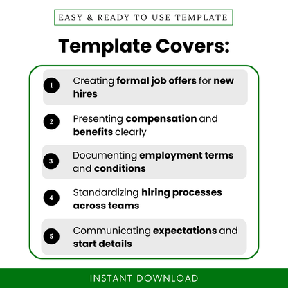 Simple Employment Offer Template showcasing key use cases like creating formal job offers, presenting compensation, and documenting employment terms. This Employment Offer Letter Template is perfect for teams standardizing hiring processes and improving onboarding workflows with an editable business document.