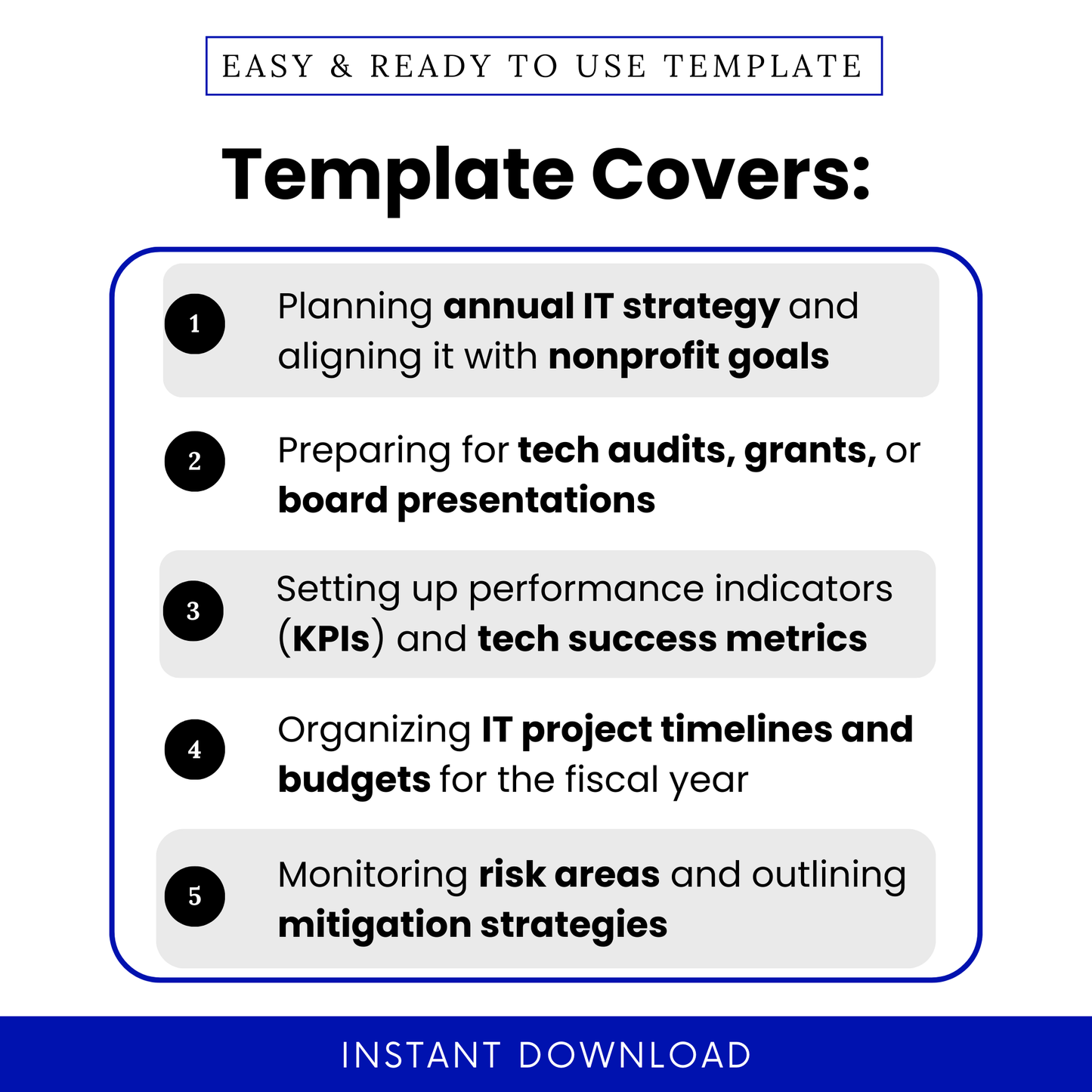 Nonprofit IT strategy planning template showing features including annual IT planning, tech audit preparation, KPI tracking, project timelines, budget planning, and risk management for nonprofit operations