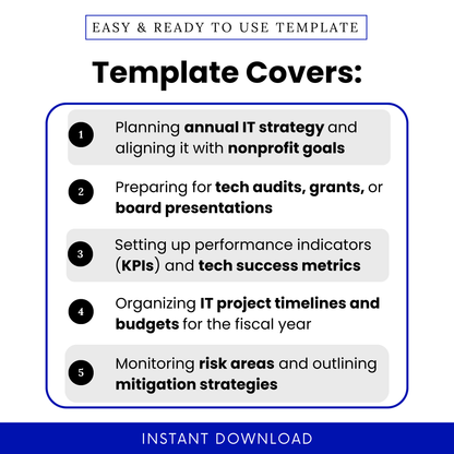Nonprofit IT strategy planning template showing features including annual IT planning, tech audit preparation, KPI tracking, project timelines, budget planning, and risk management for nonprofit operations