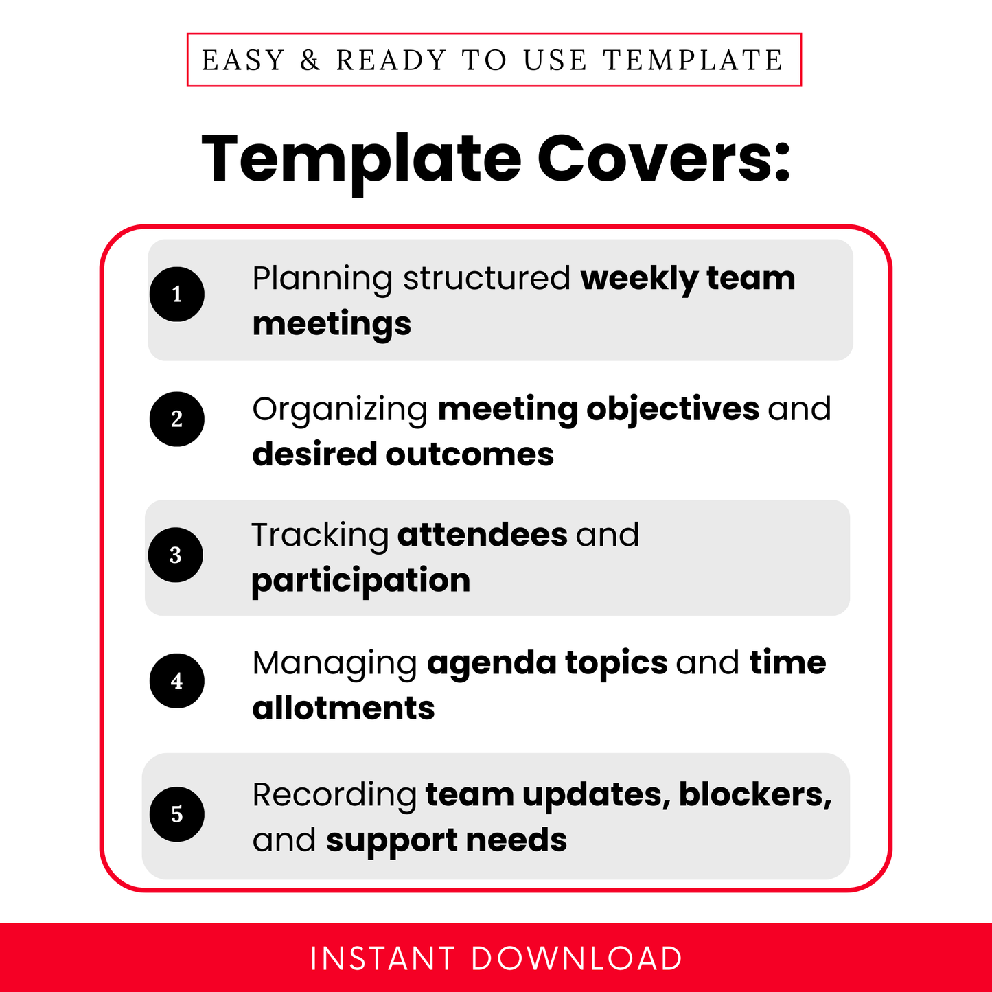 Overview of what the simple weekly team meeting agenda template helps you accomplish, including planning structured meetings, tracking attendance, and organizing discussion topics and time