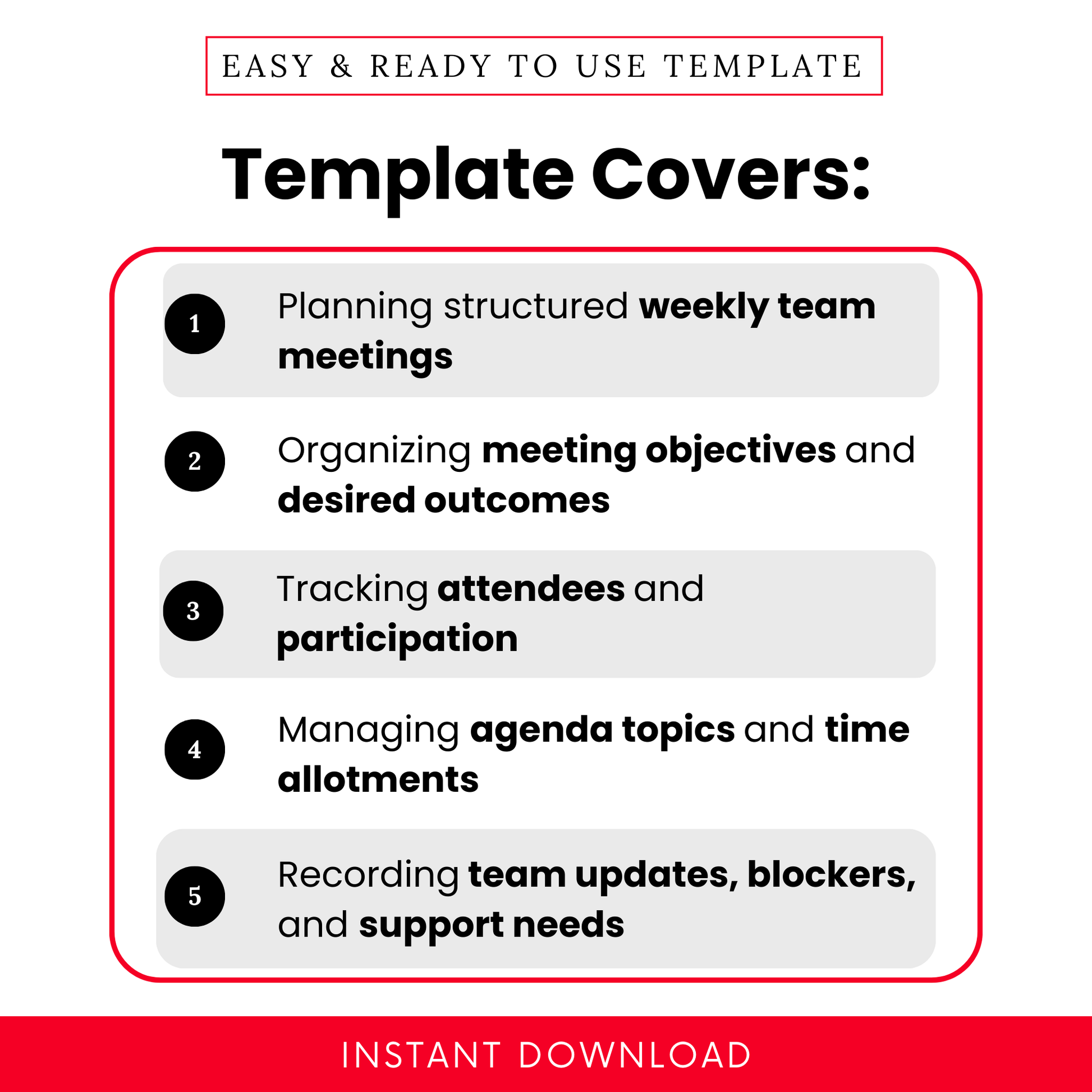 Overview of what the simple weekly team meeting agenda template helps you accomplish, including planning structured meetings, tracking attendance, and organizing discussion topics and time