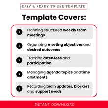 Overview of what the simple weekly team meeting agenda template helps you accomplish, including planning structured meetings, tracking attendance, and organizing discussion topics and time