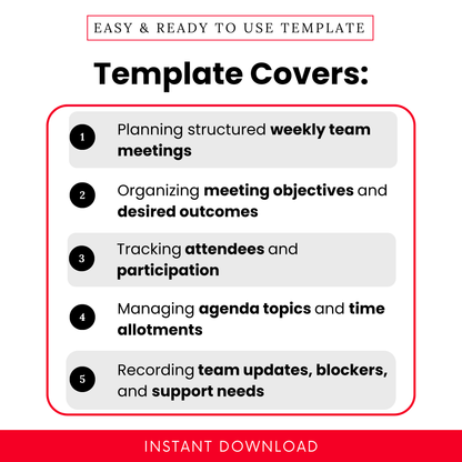 Overview of what the simple weekly team meeting agenda template helps you accomplish, including planning structured meetings, tracking attendance, and organizing discussion topics and time